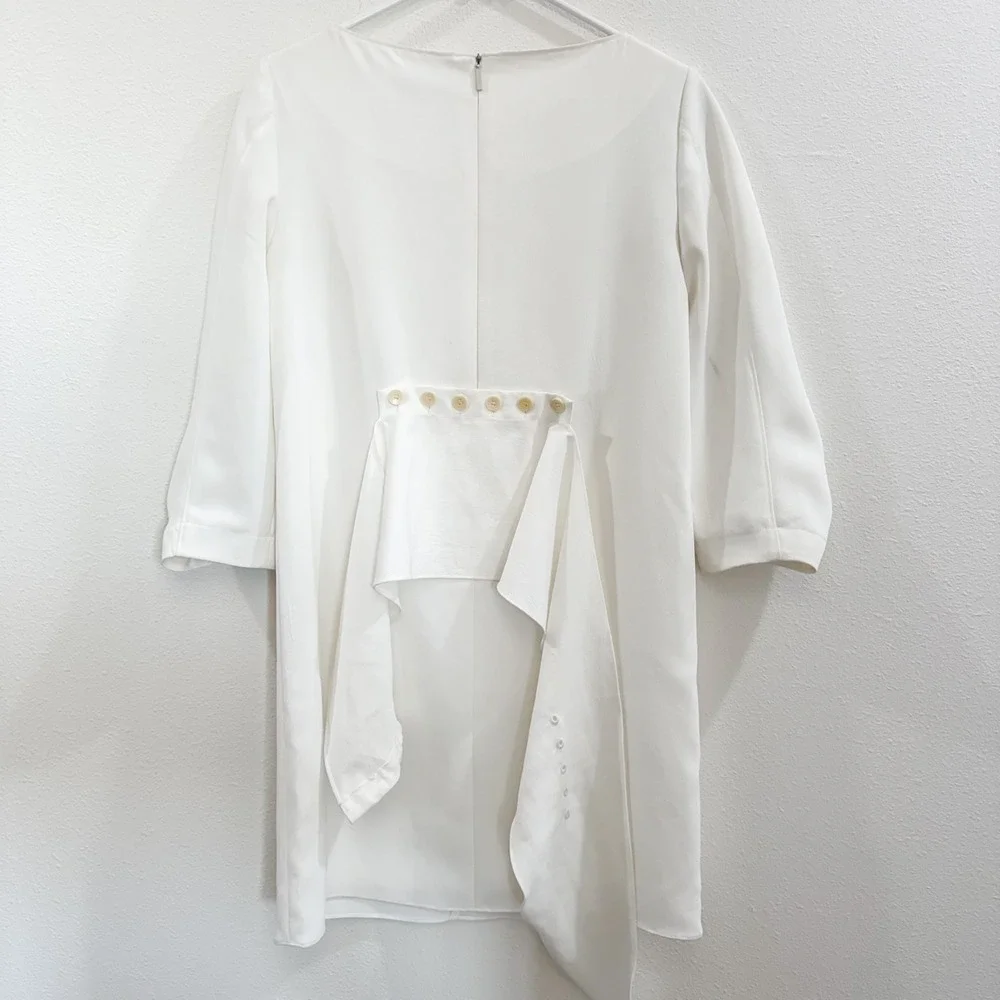 NWT Tibi Boho Designer Preppy Removable Belt Shirred Sleeve Dress White 00